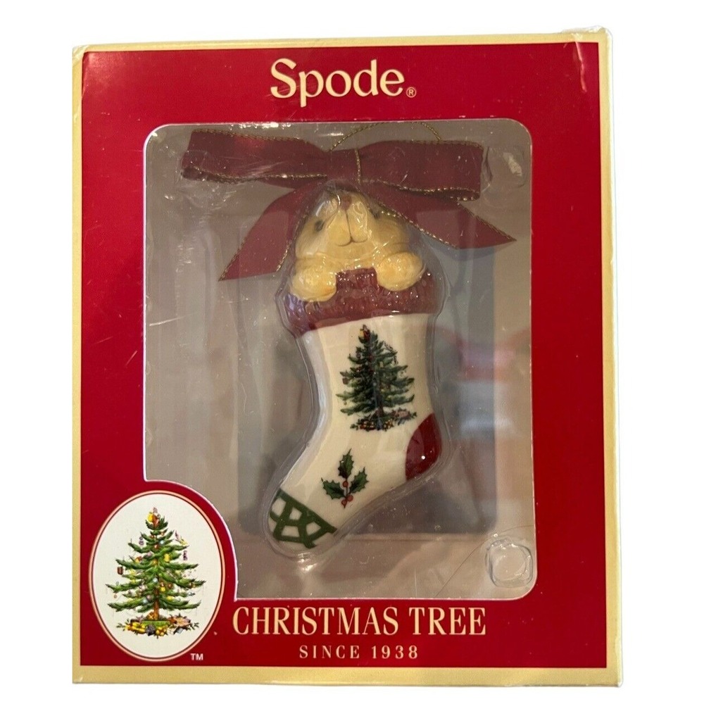 Spode Christmas Tree Teddy Bear in Stocking Ornament Ceramic Holiday Decor Boxed